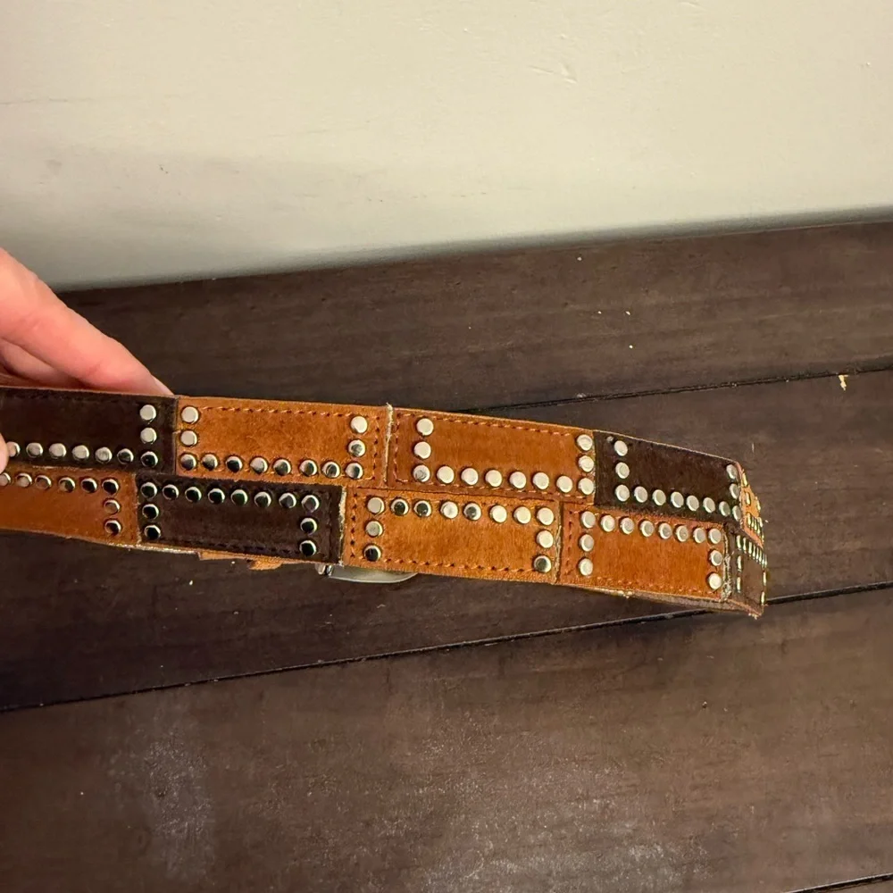 Michael Kors Studded Leather Belt Brown & Black Silver Buckle